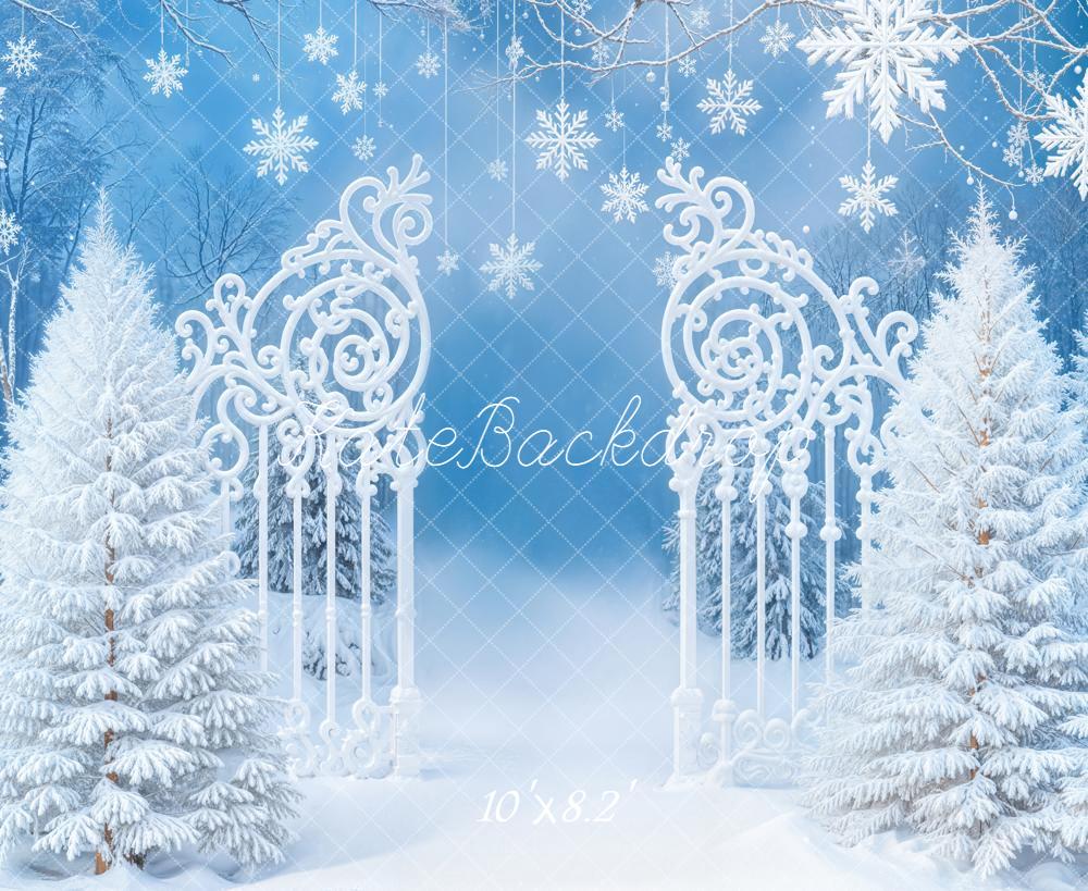 Kate Winter Snowy Trees Ornate Gate Blue Backdrop Designed by Emetselch -UK