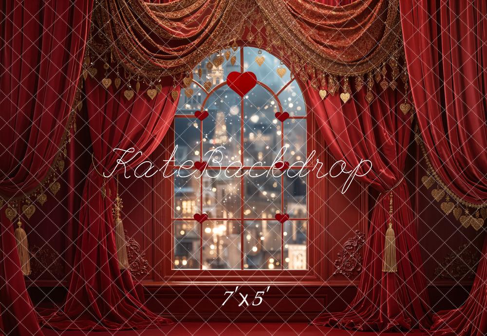 Kate Valentine Red Curtains Window City Lights Backdrop Designed by Emetselch