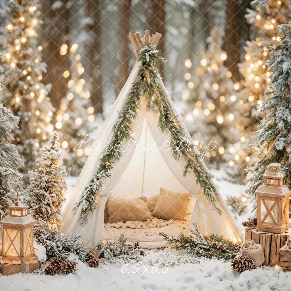 Kate Winter Teepee Snowy Trees Lanterns Backdrop Designed by Emetselch