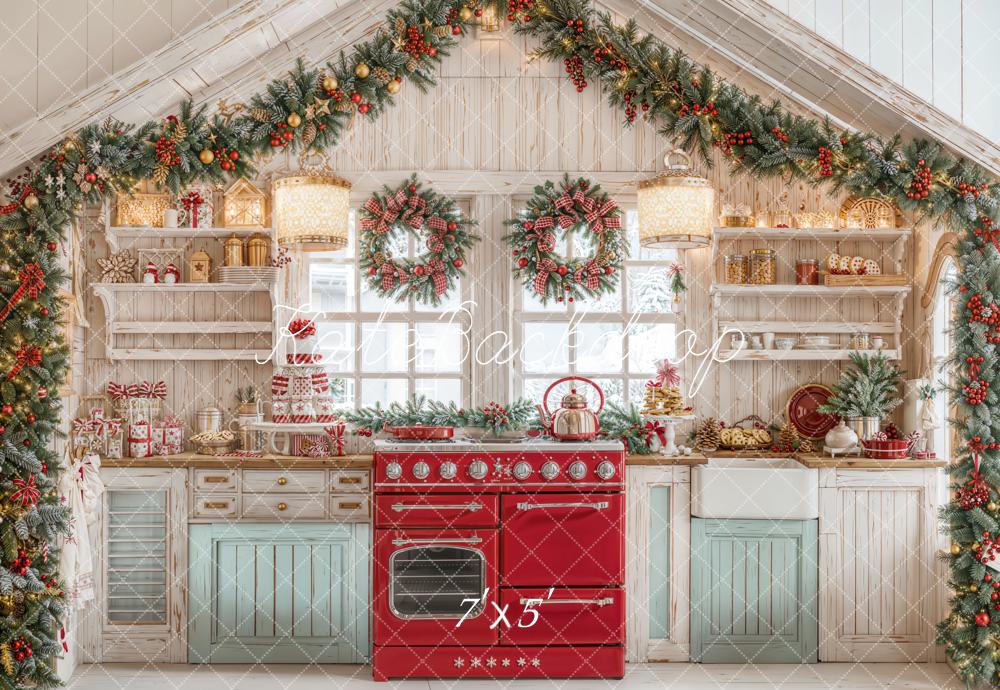 Kate Christmas Kitchen Wreaths Garland Presents Backdrop Designed by Emetselch