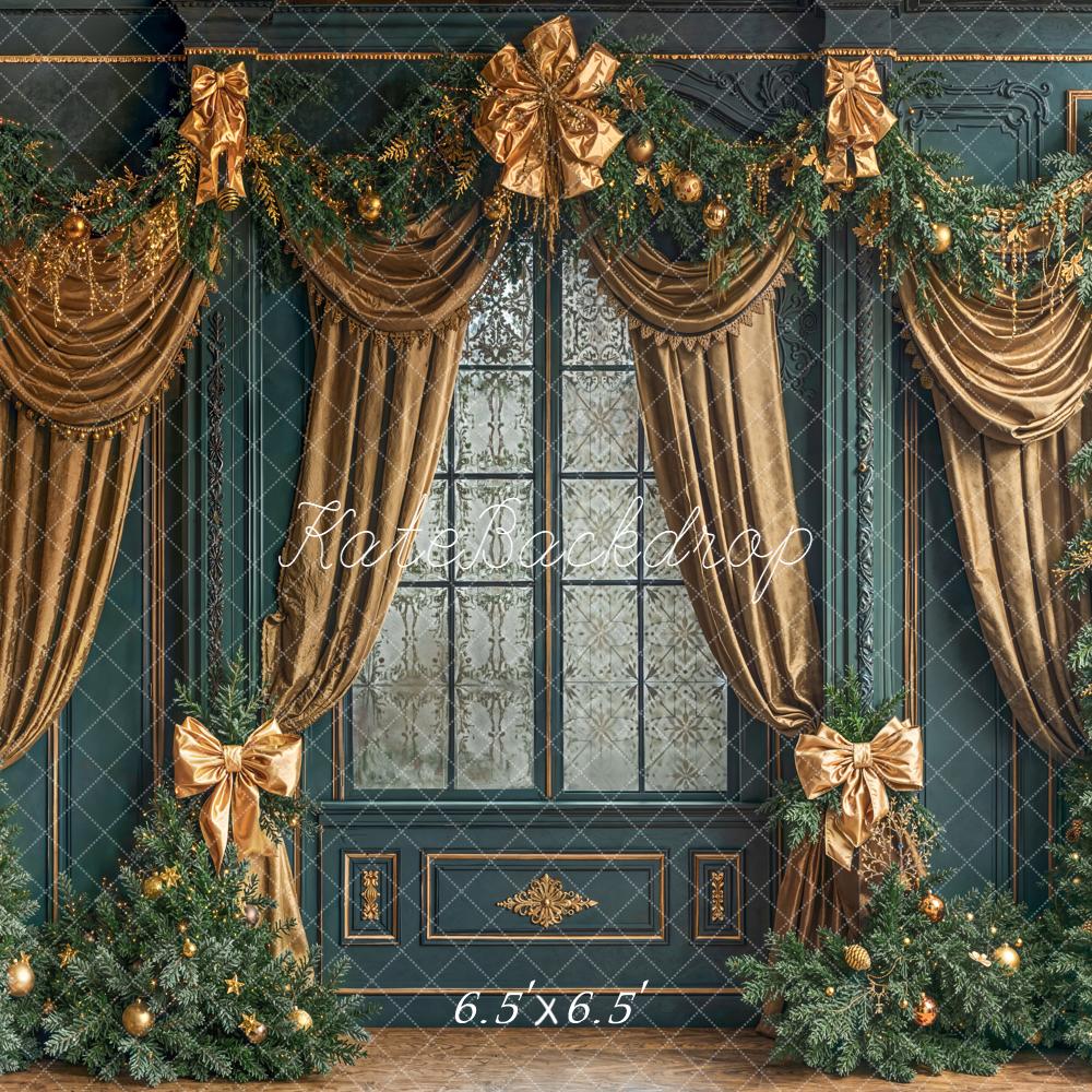Kate Christmas Evergreen Trees Gold Drapes Backdrop Designed by Emetselch -UK