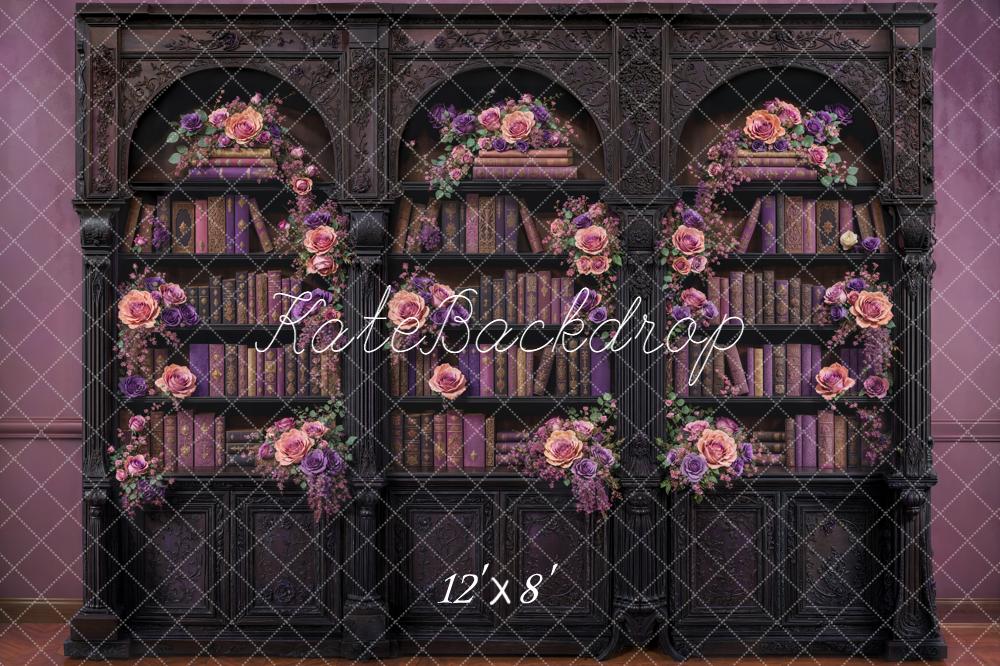 Kate Vintage Bookshelf Floral Purple Fleece Backdrop Designed by Emetselch