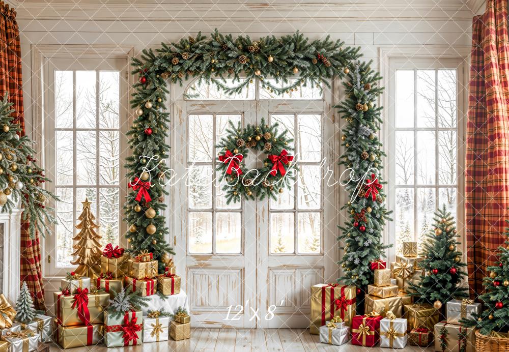 Kate Christmas Garland Presents Window Fleece Backdrop Designed by Emetselch