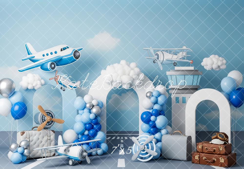 Kate Aeroplane Suitcases Control Tower Blue Balloons Backdrop Designed by Patty Robert -UK