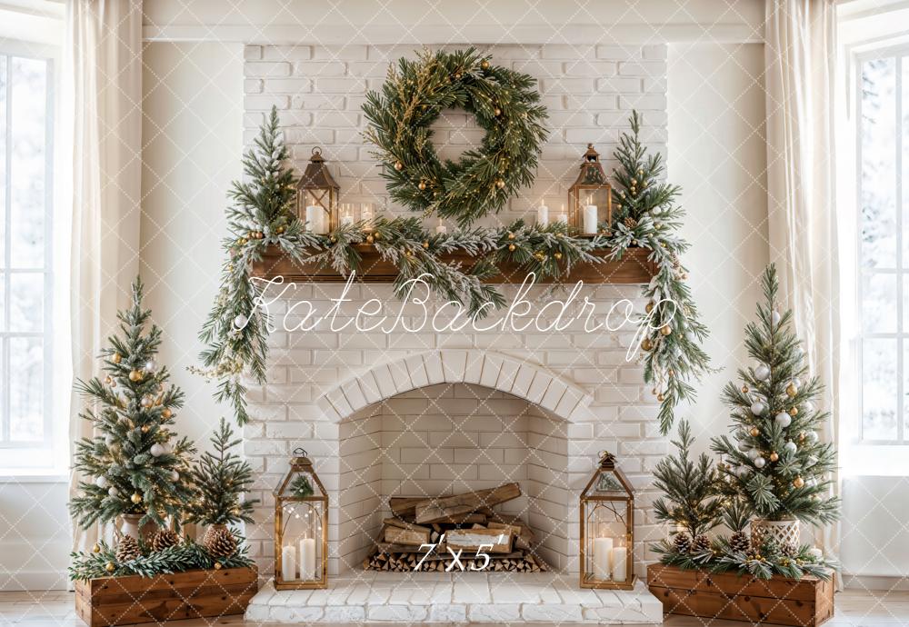 Kate Christmas Fireplace Garland Trees Backdrop Designed by Emetselch