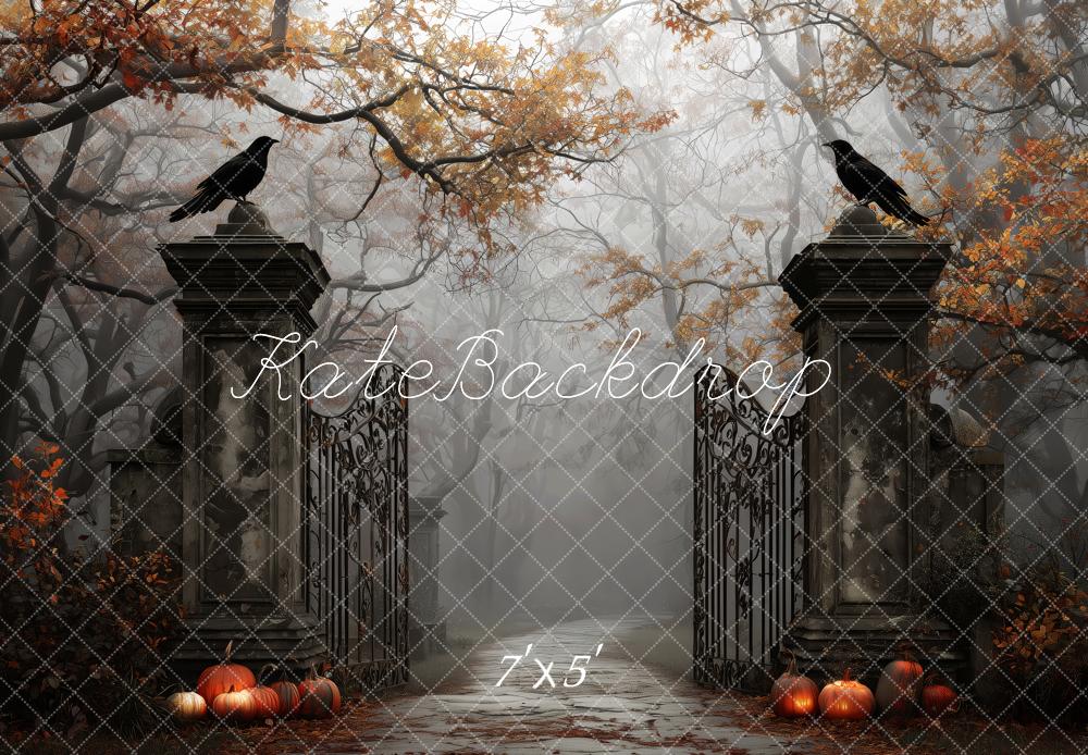 Kate Halloween Gate Ravens Pumpkins Autumn Backdrop Designed by Patty Robert