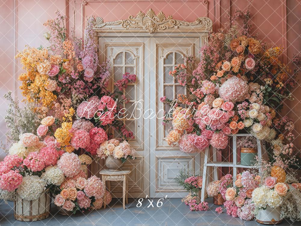 Kate Spring Flower Arch Vintage Door Pink Fleece Backdrop Designed by Emetselch -UK