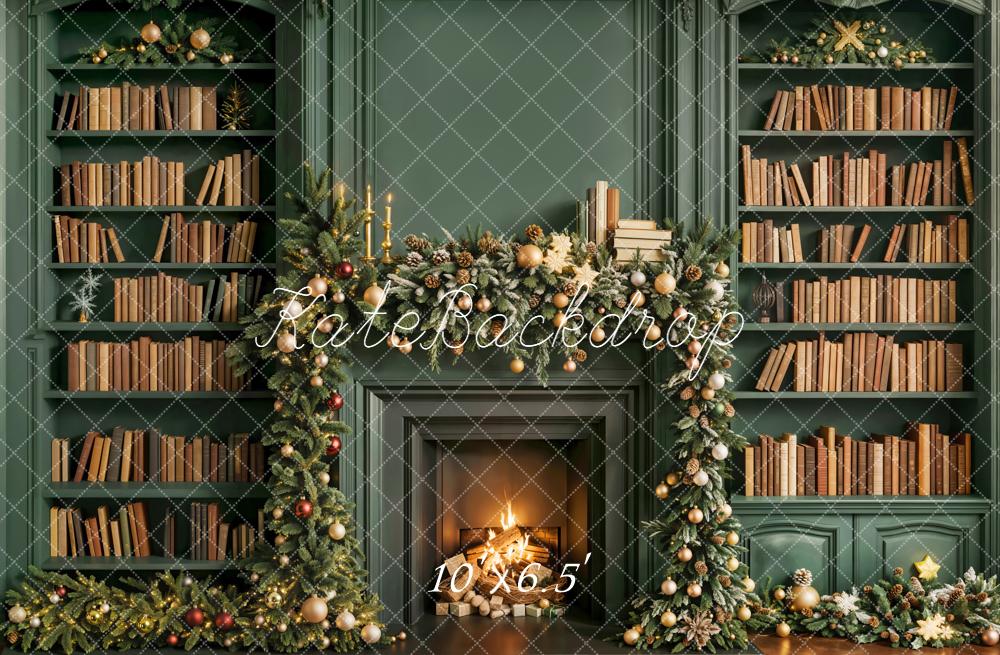 Kate Christmas Fireplace Bookshelves Garland Green Backdrop Designed by Emetselch -UK