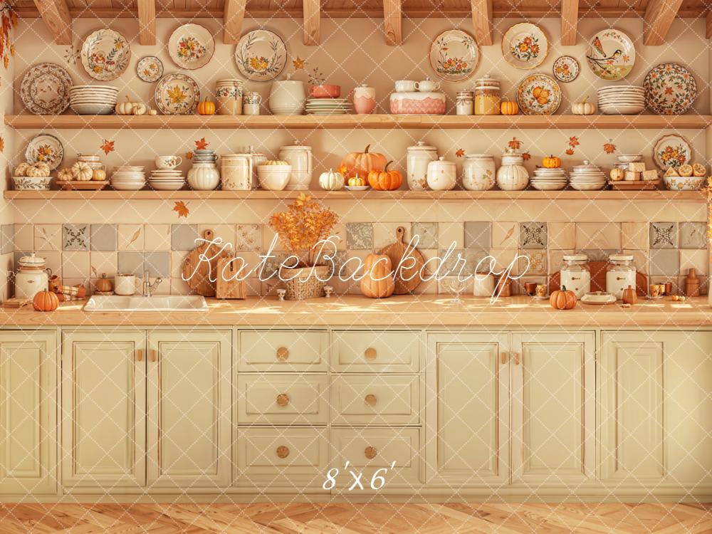 Kate Autumn Kitchen Pumpkins Shelves Fleece Backdrop Designed by Emetselch