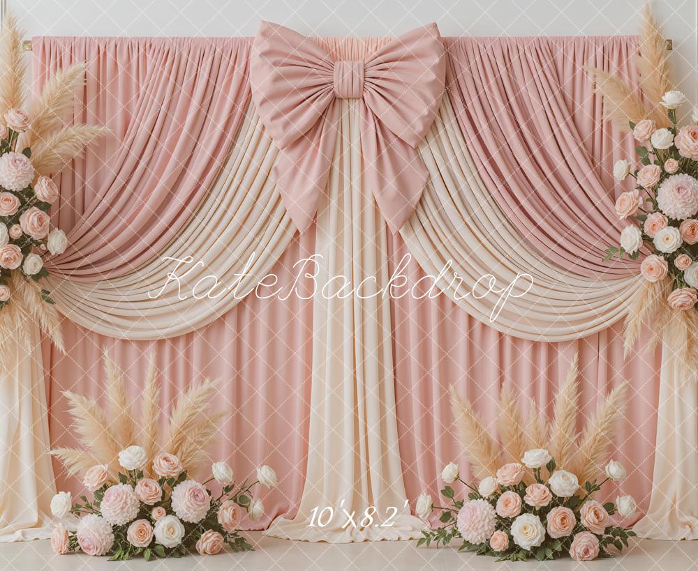Kate Wedding Pink Drapes Bow Floral Backdrop Designed by Mini MakeBelieve -UK