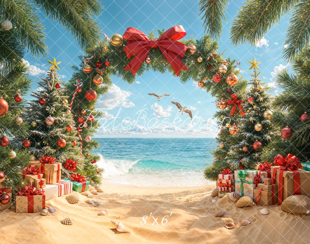 Kate Christmas Beach Trees Presents Fleece Backdrop Designed by Emetselch