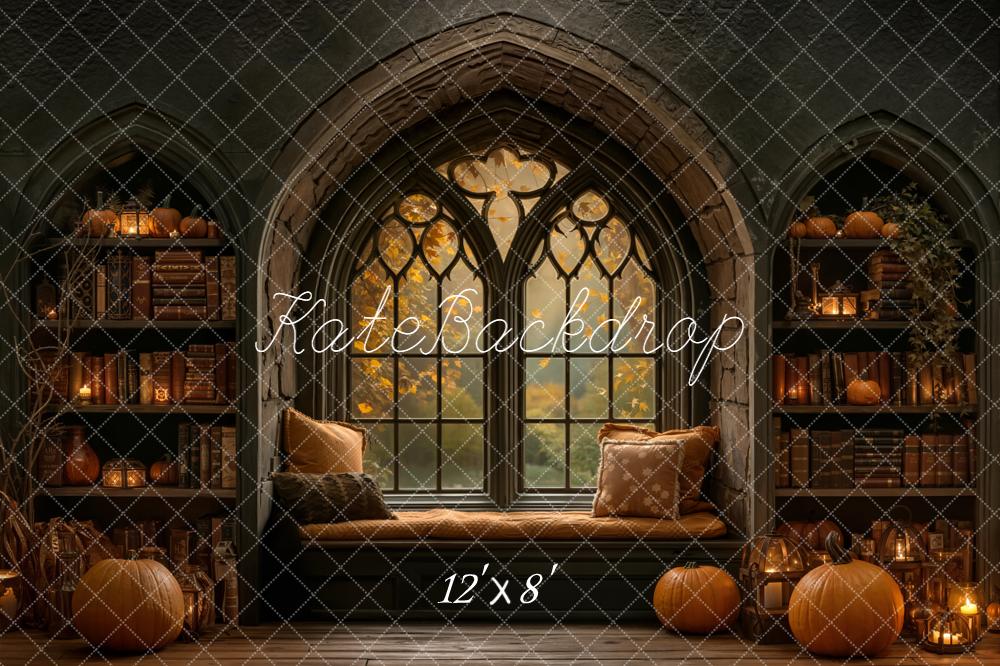 Kate Halloween Gothic Window Pumpkins Bookshelves Backdrop Designed by Emetselch -UK