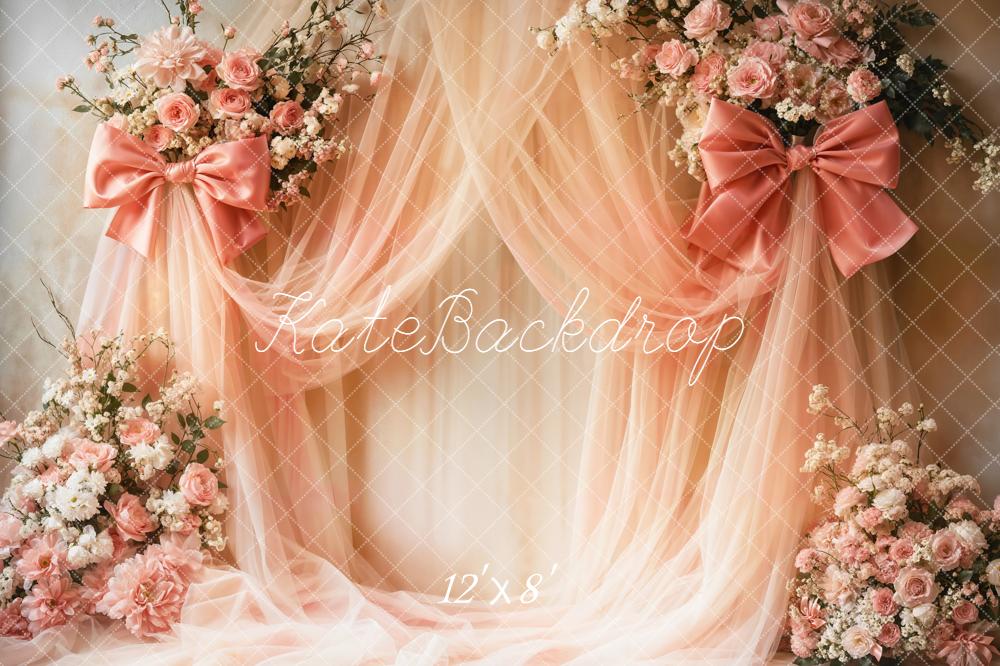 Kate Pink Drapes Bow Floral Fleece Backdrop Designed by Emetselch