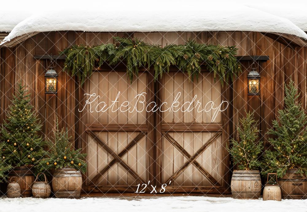Kate Winter Barn Door Pine Trees Lanterns Fleece Backdrop Designed by Emetselch -UK