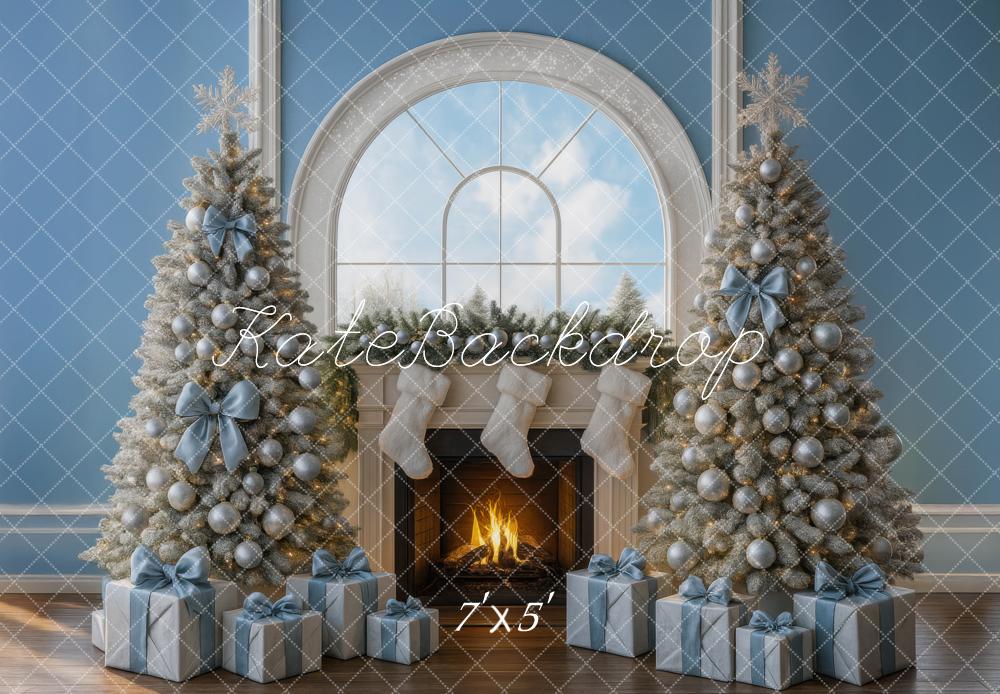 Kate Christmas Fireplace Blue Gift Boxes Trees Backdrop Designed by Mini MakeBelieve