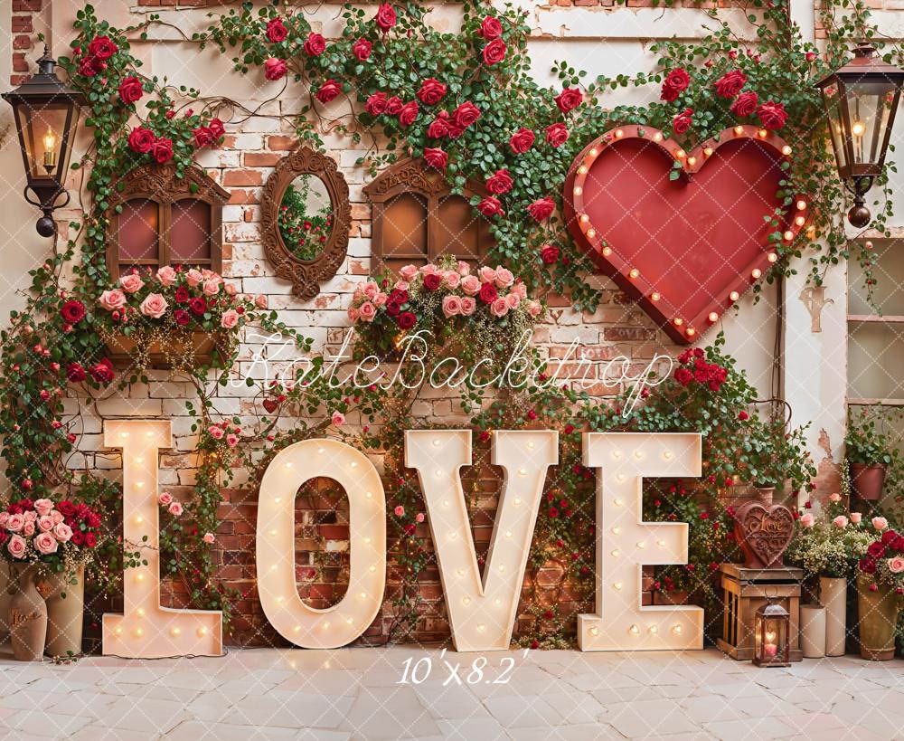 Kate Valentine Love Red Roses Heart Brick Wall Backdrop Designed by Emetselch -UK