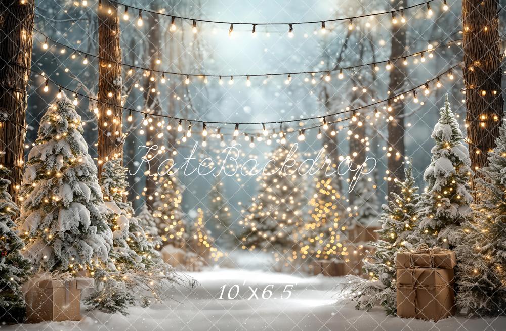 Kate Christmas Snowy Forest Fairy Lights Fleece Backdrop Designed by Emetselch