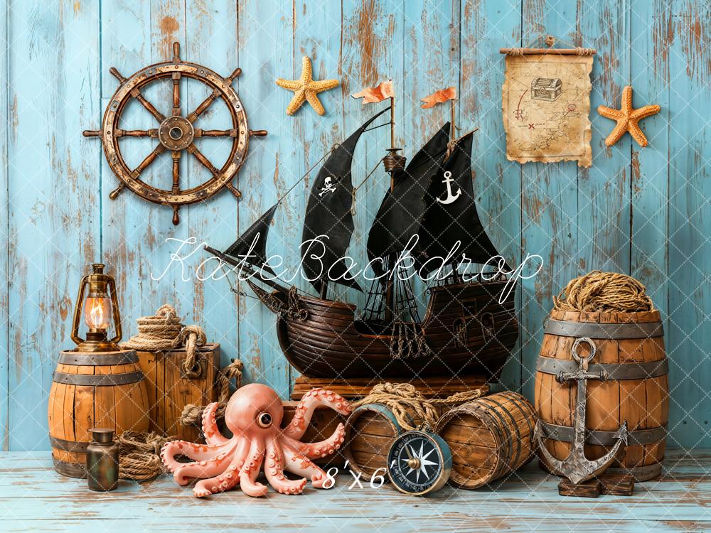 Kate Pirate Ship Helm Treasure Map Nautical Blue Backdrop Designed by Emetselch