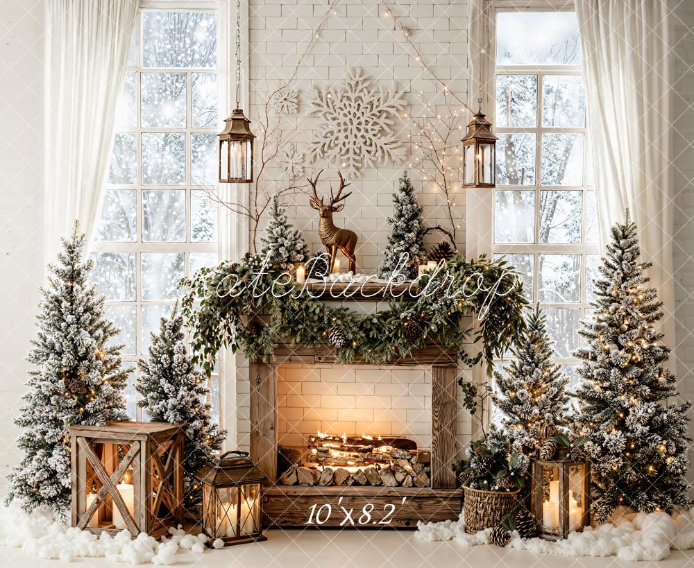 Kate Christmas Fireplace Snowflake Garland Trees Backdrop Designed by Emetselch -UK