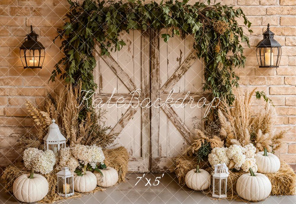 Kate Autumn Barn Door White Pumpkins Lanterns Backdrop Designed by Emetselch