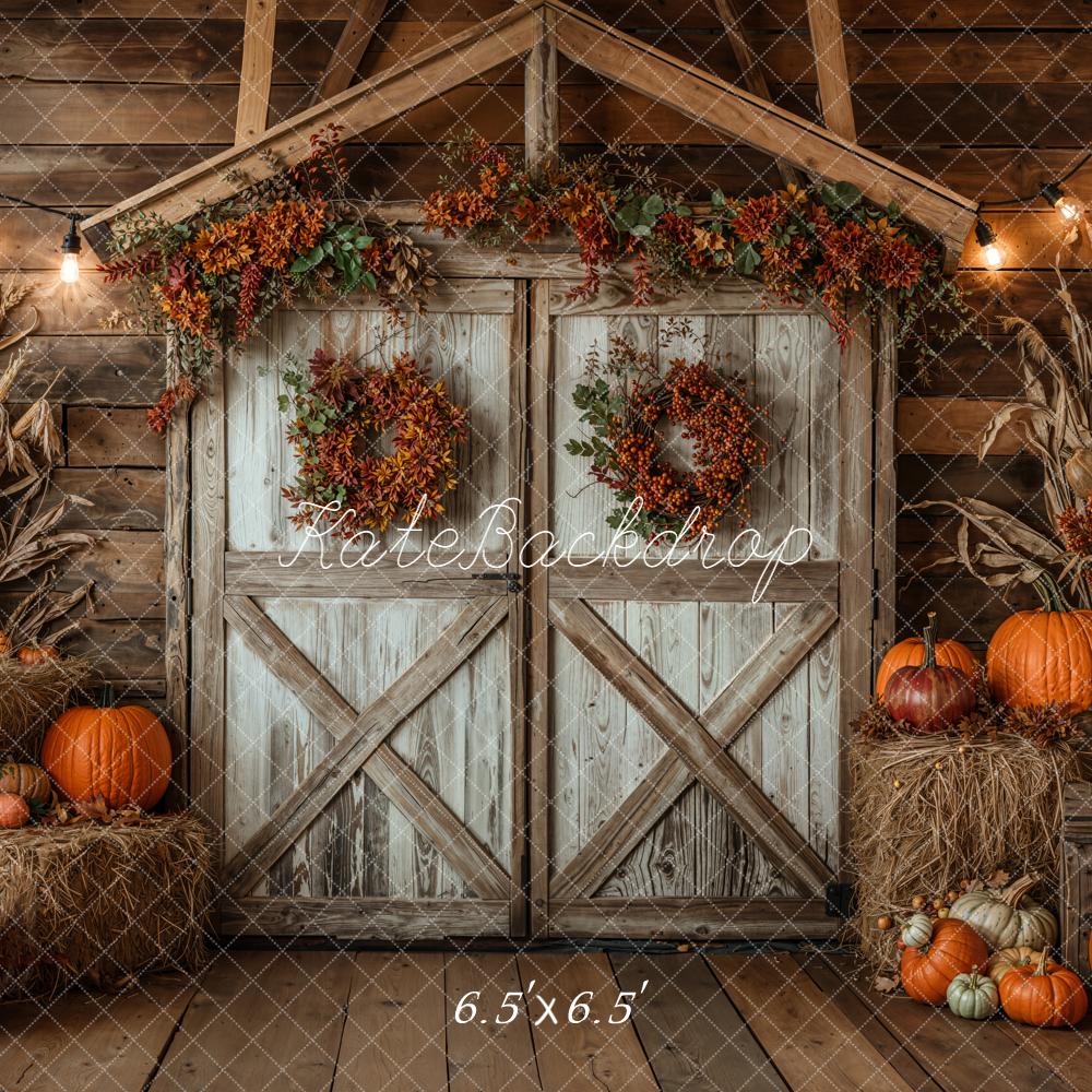 Kate Autumn Barn Door Pumpkins Hay Backdrop Designed by Emetselch