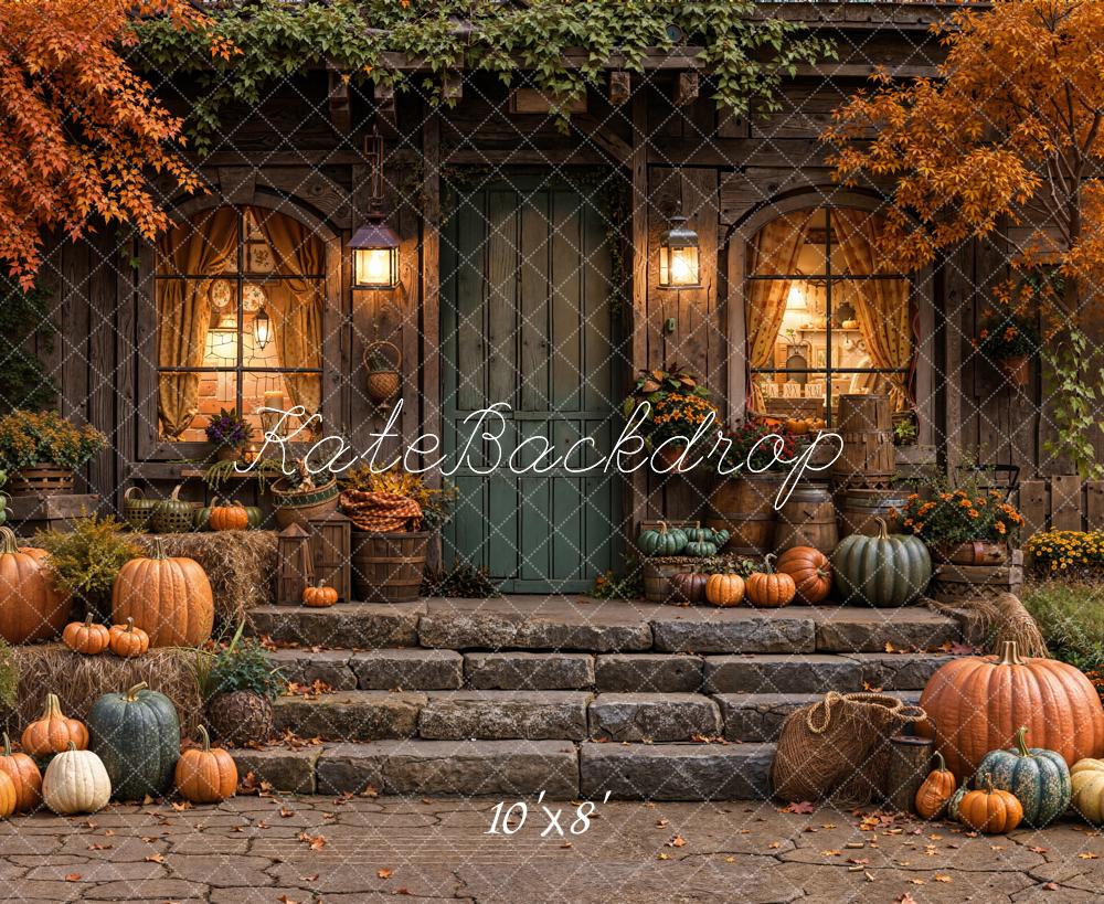 Kate Autumn Pumpkins Rustic House Leaves Fleece Backdrop Designed by Emetselch -UK