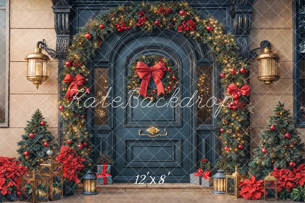 Kate Christmas Garland Wreath Red Bows Fleece Backdrop Designed by Emetselch -UK