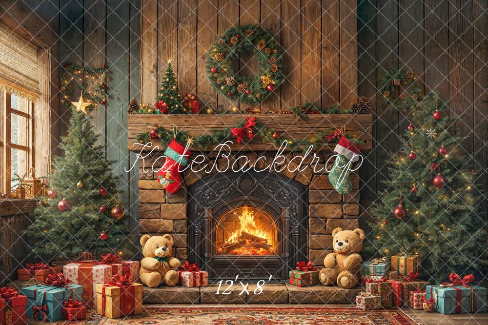 Kate Christmas Fireplace Trees Gifts Fleece Backdrop Designed by Emetselch -UK