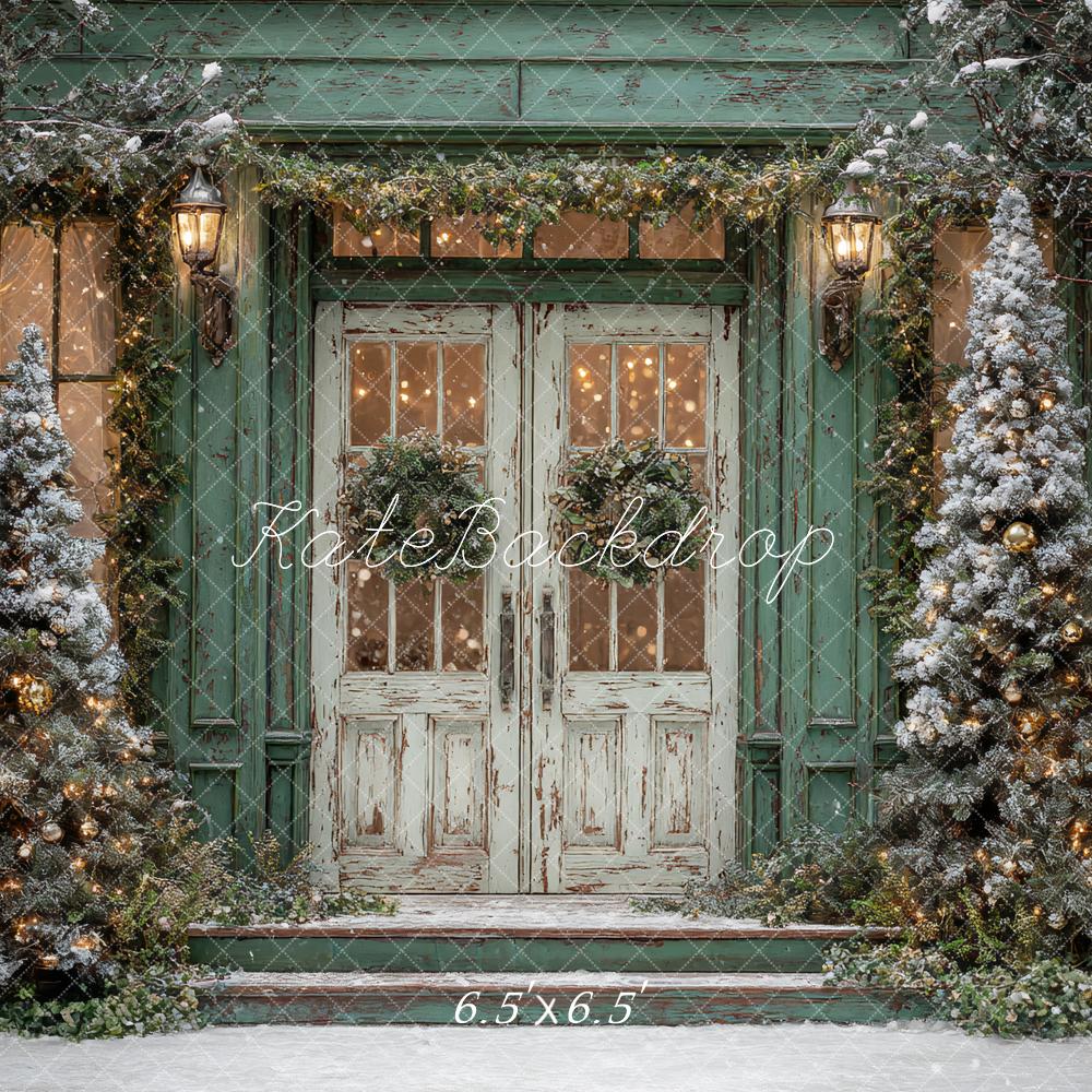 Kate Christmas Snow Frosted Trees Door Green Backdrop Designed by Ashley Paul