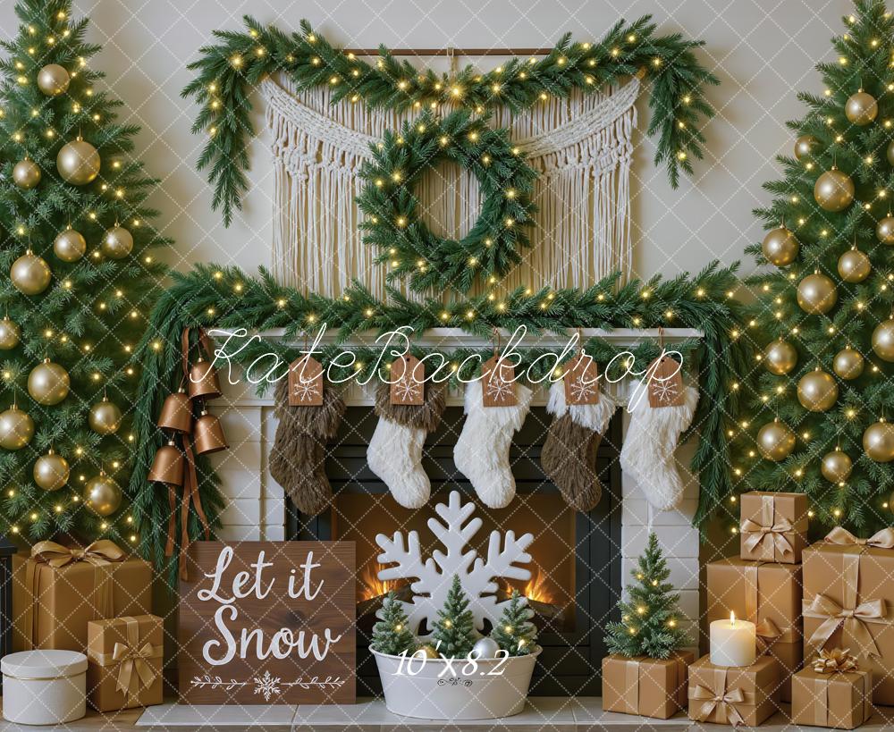 Kate Christmas Fireplace Garland Gold Ornaments Backdrop Designed by Mini MakeBelieve
