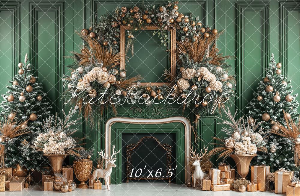 Kate Christmas Green Fireplace Fleece Backdrop Designed by Emetselch