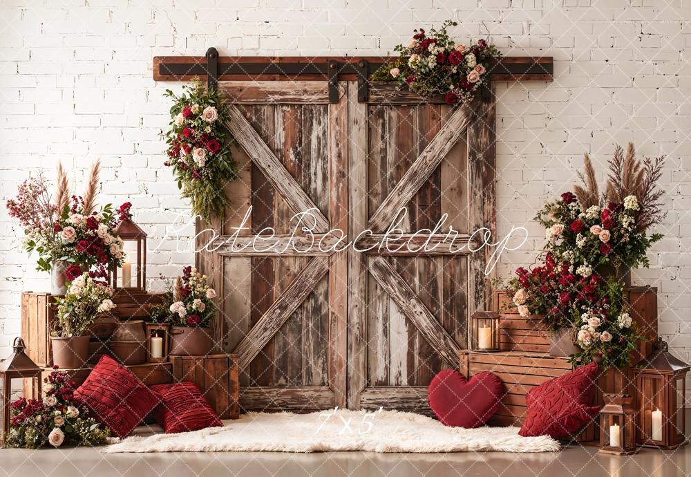 Kate Valentine Rustic Barn Door Red Floral Crate Backdrop Designed by Emetselch