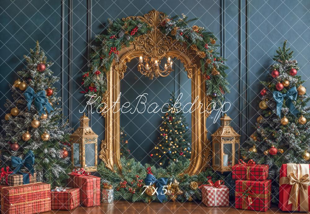 Kate Christmas Trees Gold Mirror Gifts Blue Backdrop Designed by Emetselch -UK