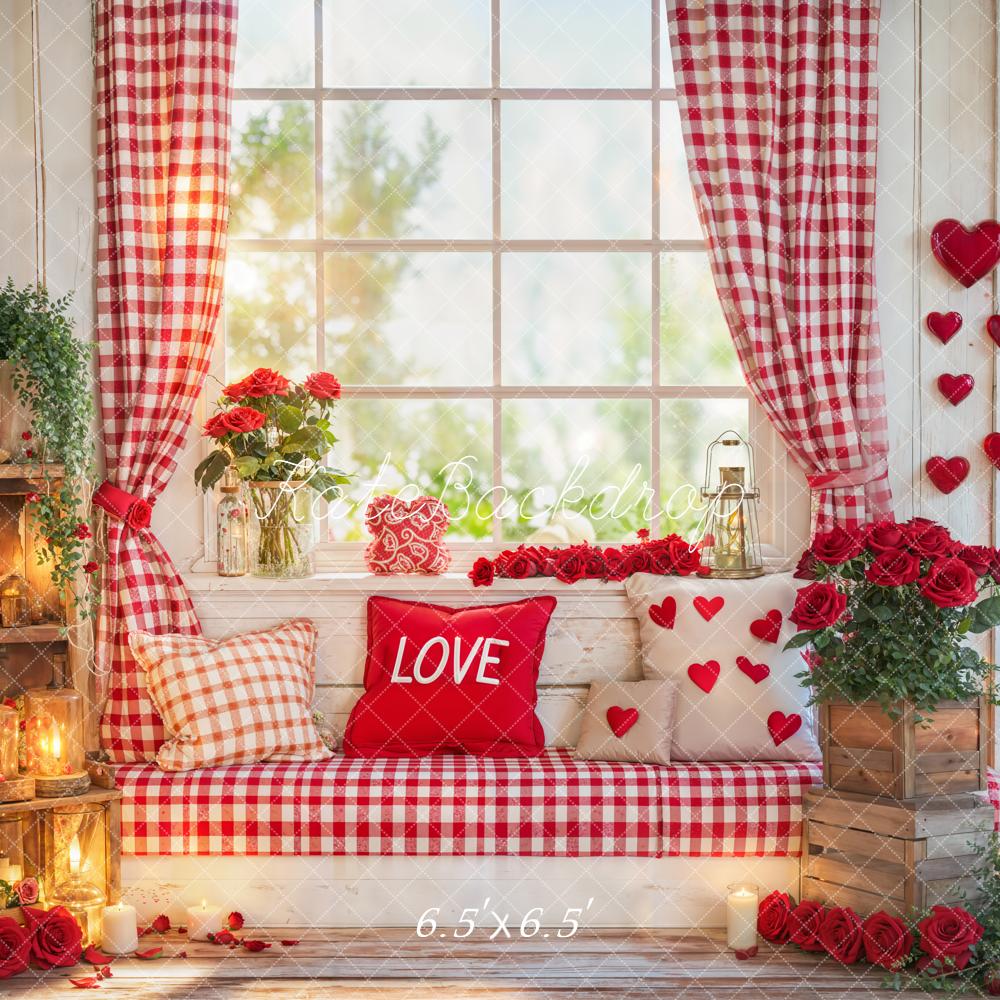 Kate Valentine Window Red Gingham Roses Backdrop Designed by Emetselch