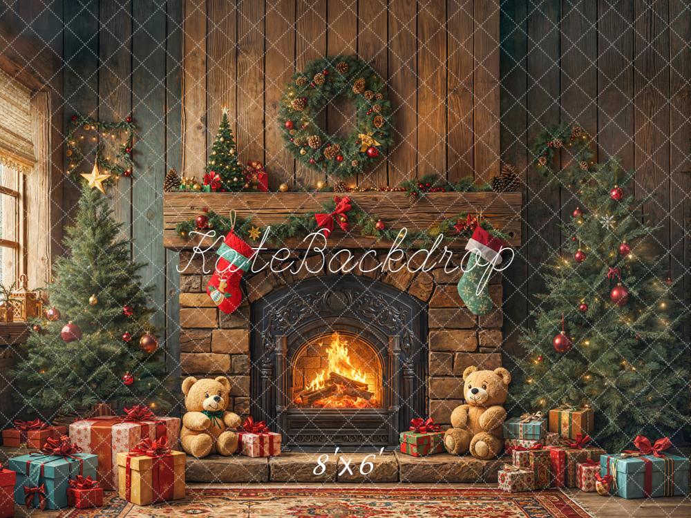 Kate Christmas Fireplace Trees Gifts Fleece Backdrop Designed by Emetselch -UK