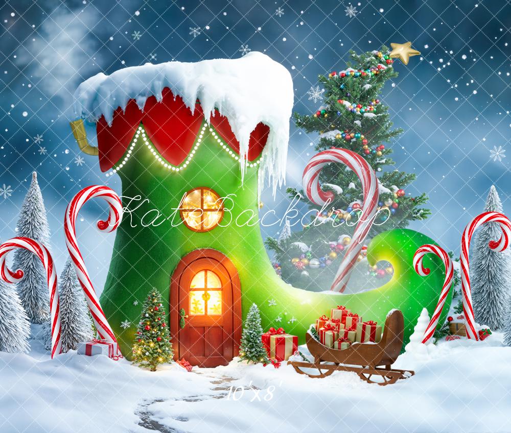 Kate Christmas Elf Shoe Tree Candy Canes Fleece Backdrop Designed by Emetselch -UK