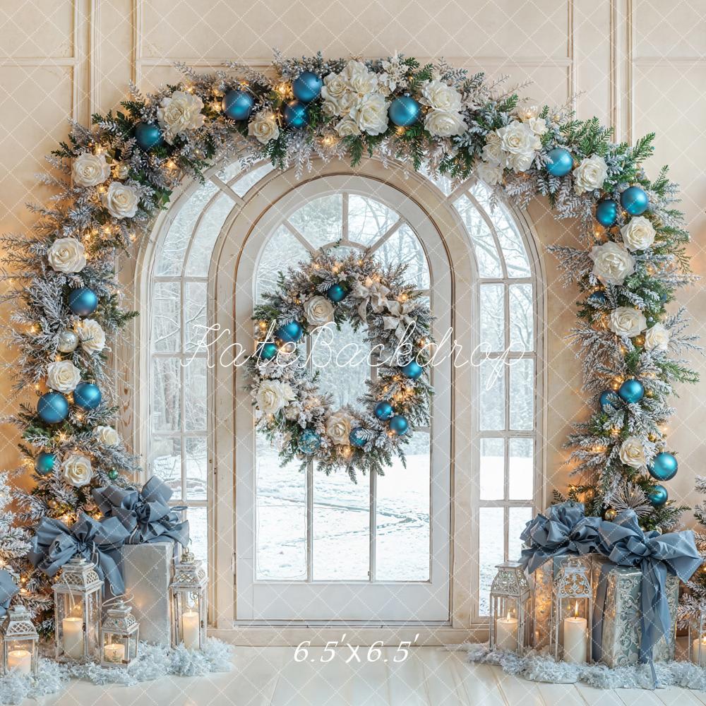 Kate Christmas Arch Window Trees Blue Ornaments Backdrop Designed by Emetselch -UK