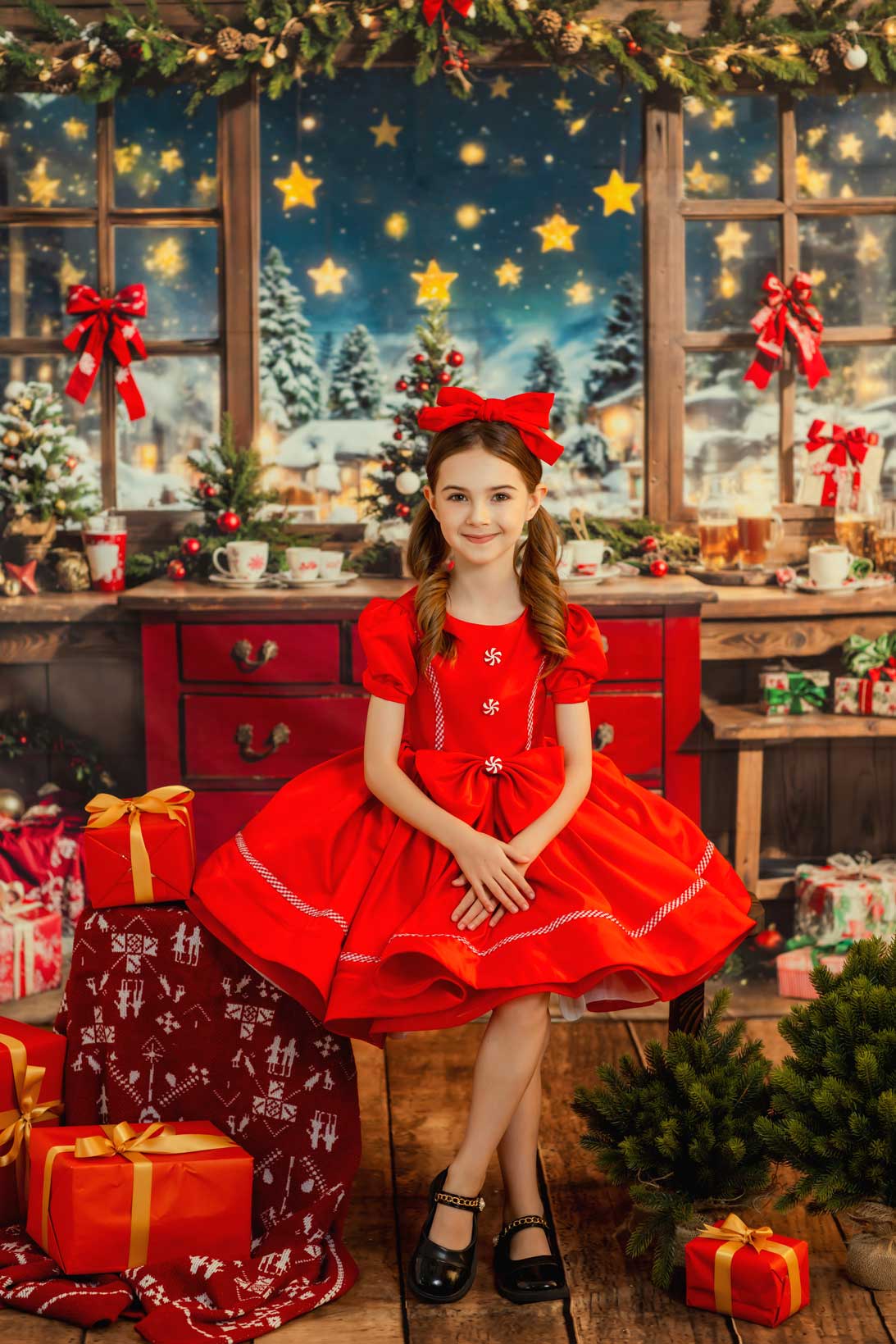 Kate Christmas Wooden Room Red Cabinet Backdrop Designed by Chain Photography -UK