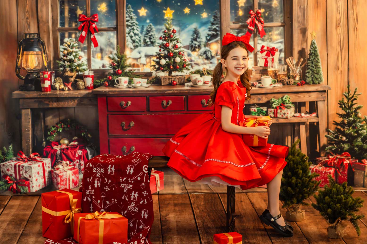 Kate Christmas Wooden Room Red Cabinet Backdrop Designed by Chain Photography