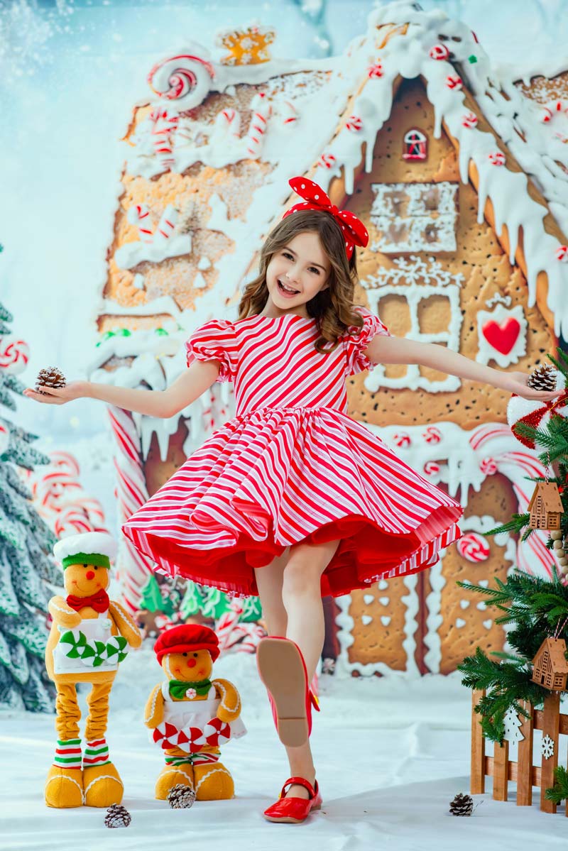 Kate Christmas Gingerbread House Candy Trees Snowy Backdrop Designed by Chain Photography -UK
