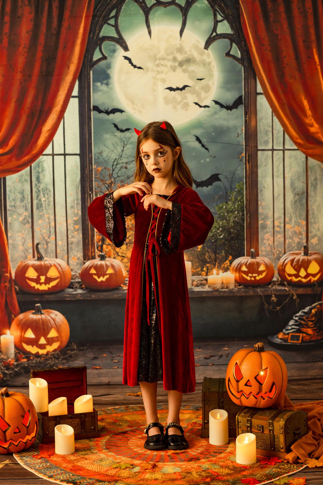 Kate Halloween Pumpkins Candles Window Backdrop Designed by Chain Photography