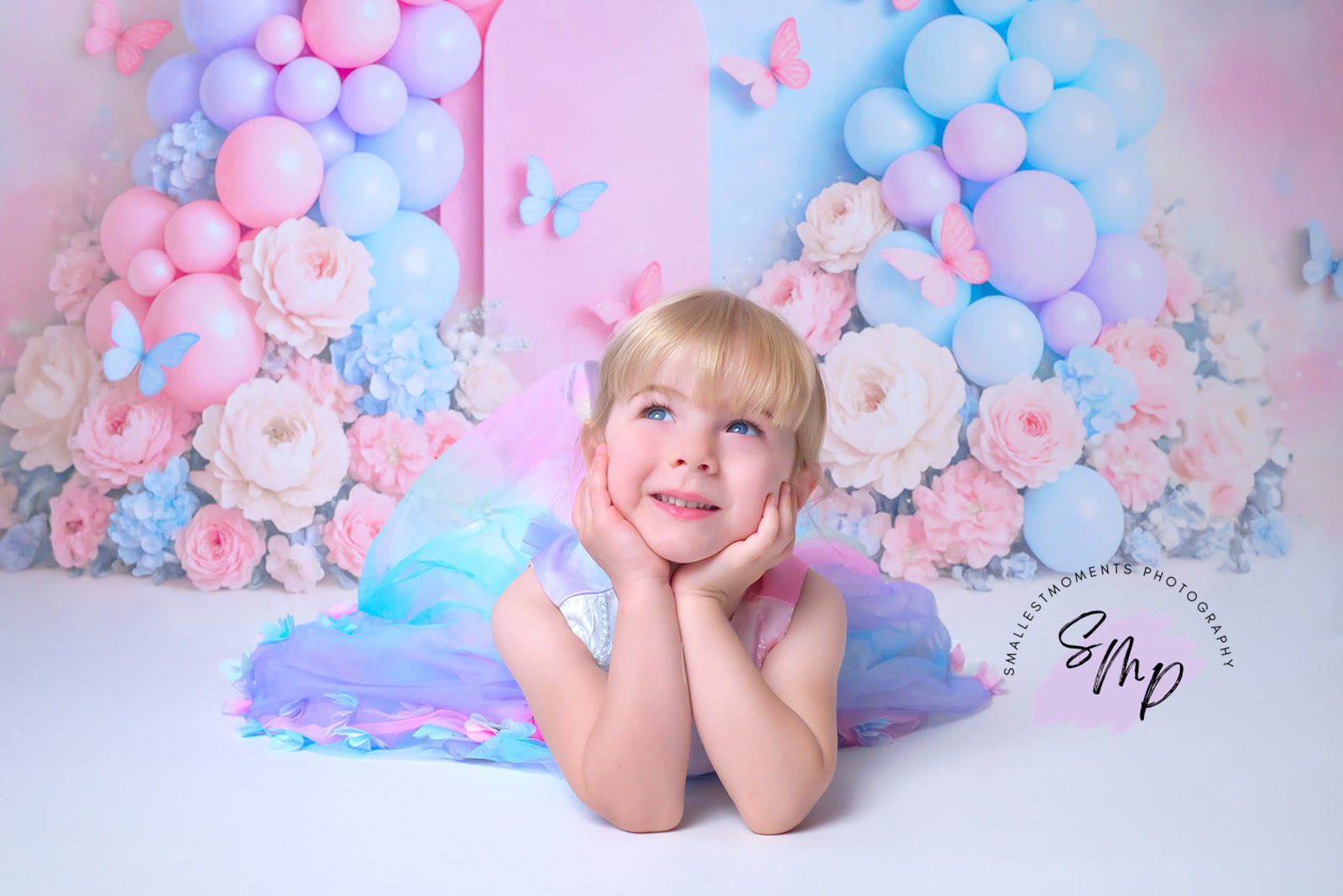 Kate Cake Smash Pastel Balloon Floral Butterfly Backdrop Designed by Ashley Paul -UK