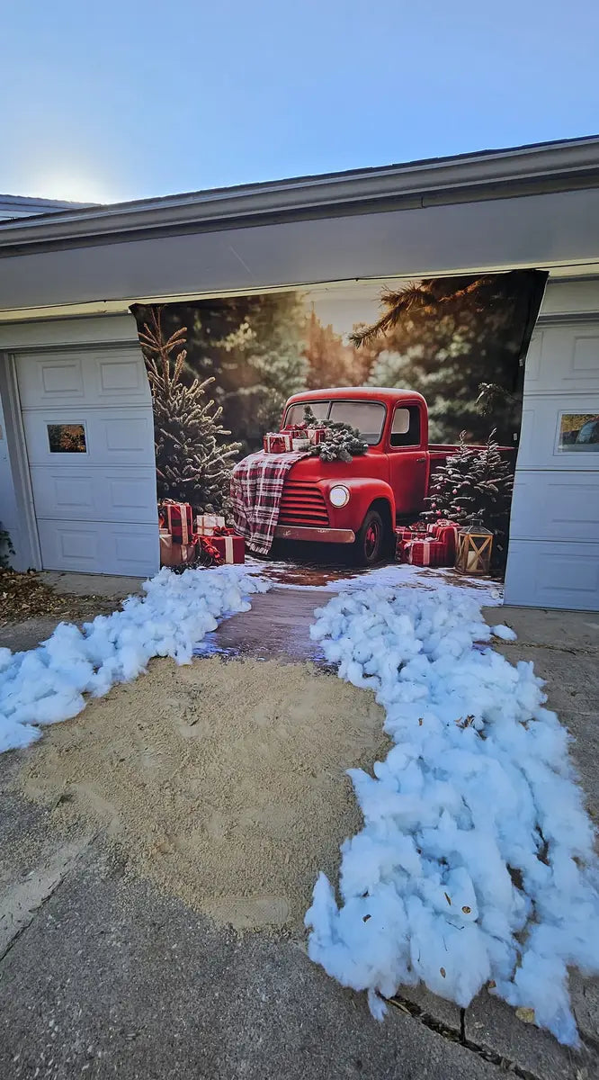 Kate Christmas Red Truck Plaid Forest Backdrop+Winter Snowy Path Floor Backdrop -UK