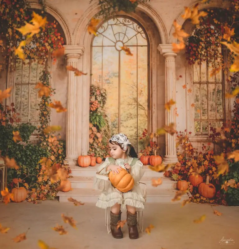 Kate Autumn Retro Arch Maple Leaves Pumpkin Backdrop Designed by Emetselch -UK