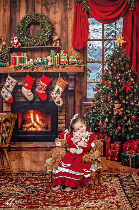 Kate Christmas Tree Fireplace Wooden Backdrop Designed by Emetselch -UK