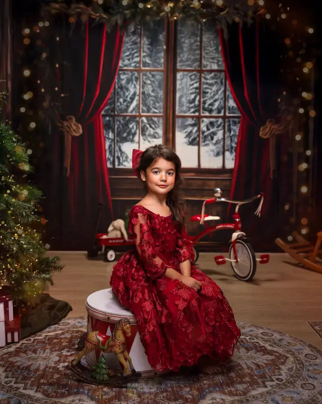 Lightning Deals Kate Winter Christmas Red Curtain Window Backdrop Designed by Emetselch -UK