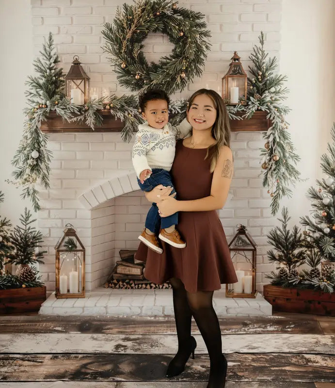 Kate Christmas Fireplace Wreath Brick Wall Backdrop+Light Retro Wood Floor Backdrop -UK