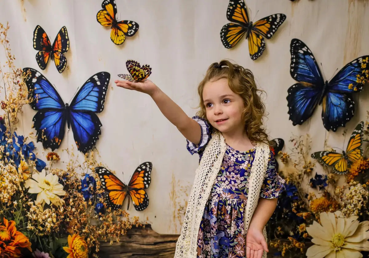 Kate Summer Butterfly Floral Garden White Wall Backdrop Designed by Emetselch