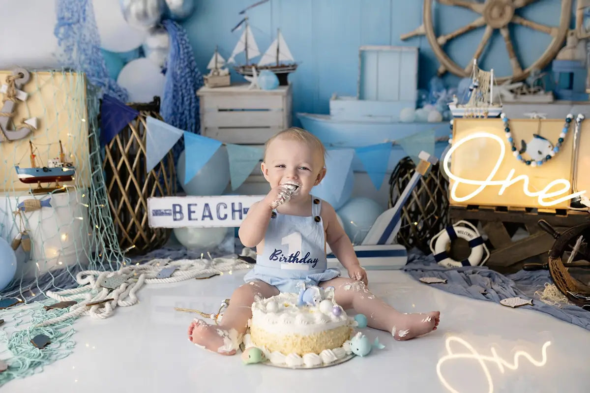 On Sale Kate Cake Smash Nautical Balloons Sailboat Blue Backdrop Designed by Emetselch -UK
