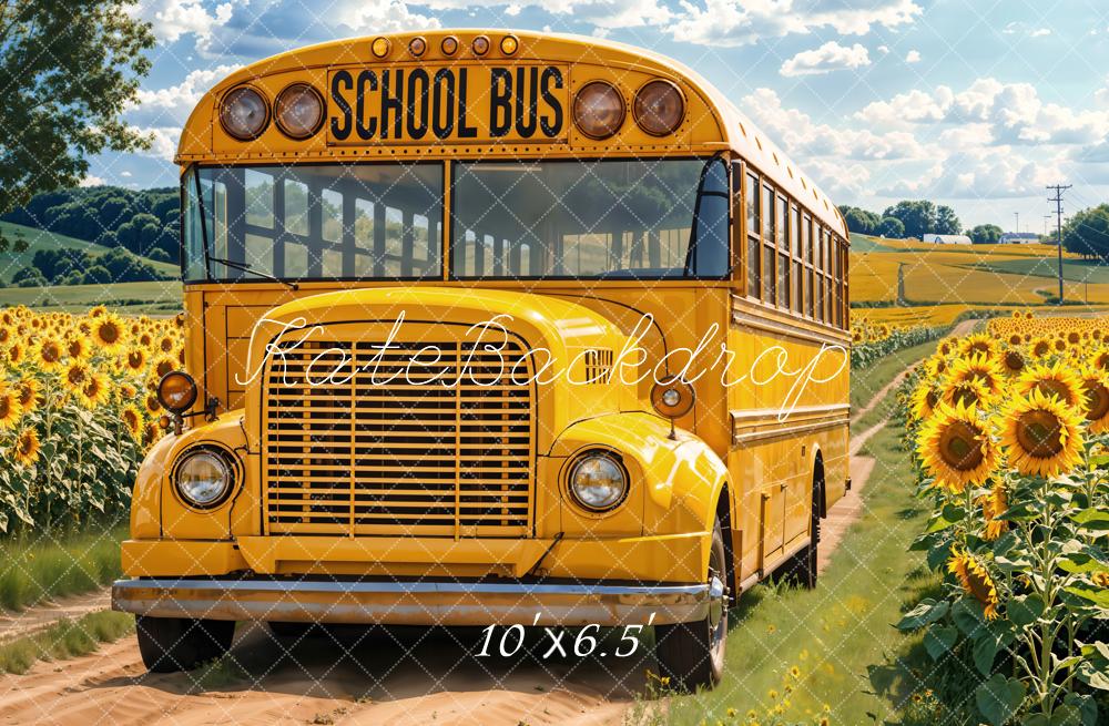 Kate Back To School Bus Sunflower Field Fleece Backdrop Designed by Emetselch